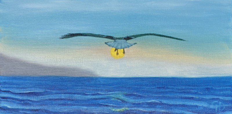 Hovering seagull.jpg - Hovering seagull Water soluble oil on canvas board, 8 x 16" (20.3 x 40.6 cm) Completed December 2021